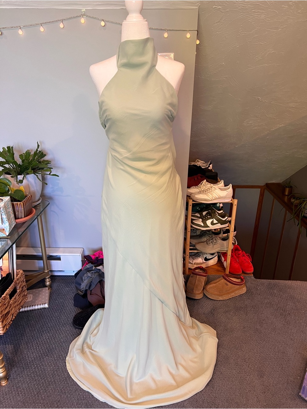 AZAZIE Halter Neck Sage Green Evening Gown